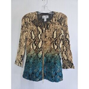 Joseph Ribkoff Leopard Snakeskin Pattern Womens Gold Zipper 3/4 Jacket Size 12 M